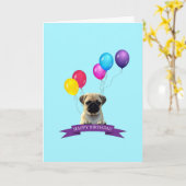 パグの小犬のハッピーバースデーの挨拶状 カード (黄色い花)