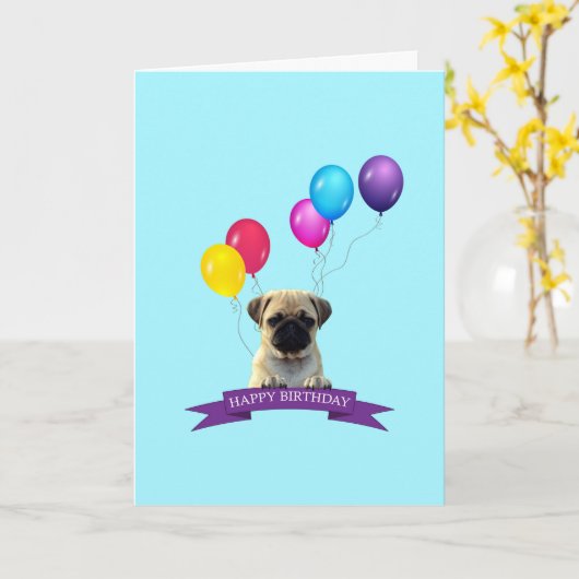 パグの小犬のハッピーバースデーの挨拶状 カード (黄色い花)