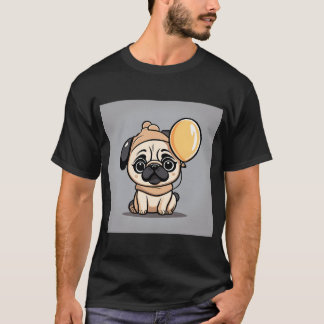 パグの犬のコスチュームと骨の風船を持つかわいい赤ちゃん Tシャツ