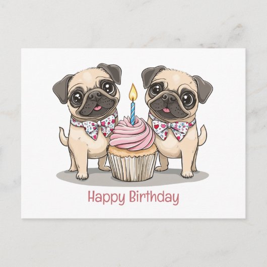 パグの犬の誕生日ケーキ ポストカード (正面)