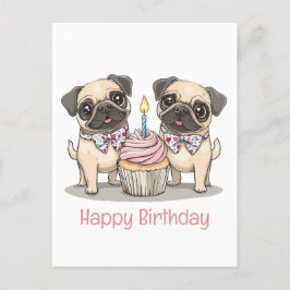 パグの犬の誕生日ケーキ ポストカード