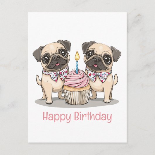 パグの犬の誕生日ケーキ ポストカード (正面)