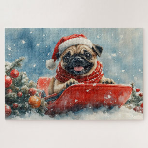 パグの犬ソリに乗って雪を降らせて クリスマス ジグソーパズル
