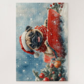 パグの犬ソリに乗って雪を降らせて クリスマス ジグソーパズル (縦)