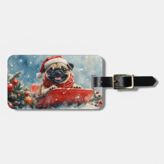 パグの犬ソリに乗って雪を降らせて クリスマス ラゲッジタグ (正面横)