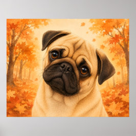 パグの秋の森の犬 ポスター