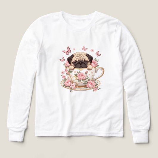 パグの花畑の夢 キッズTシャツ – かわいい花柄のパグ (デザイン正面)