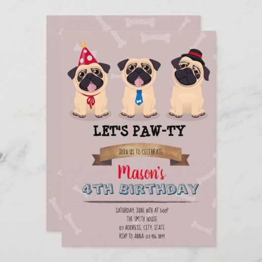 パグの誕生日のパーティの招待状 招待状 (正面/裏面)