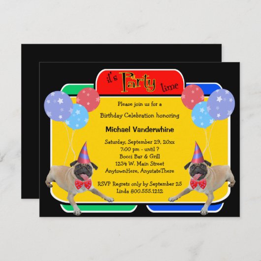 パグの誕生日Barker 招待状 (正面/裏面)