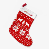 パグはかわいいクリスマスのセーターパターンのシルエットを描きます スモールクリスマスストッキング (正面 (吊り時))