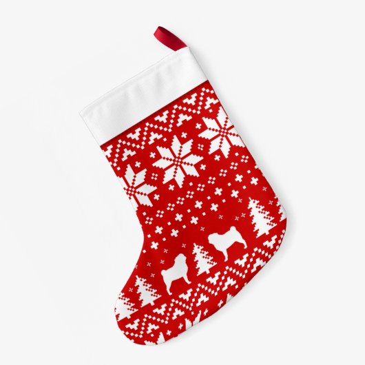 パグはかわいいクリスマスのセーターパターンのシルエットを描きます スモールクリスマスストッキング (裏面 (吊り時))