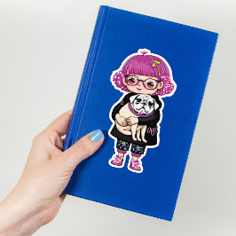 パグを抱きしめる愛らしい少女 シール