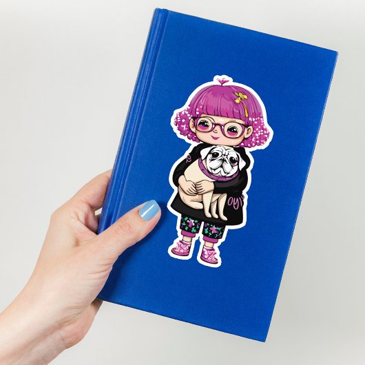 パグを抱きしめる愛らしい少女 シール