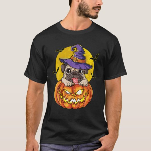 パグウィッチパンプキンハロウィンガールズウィメンズパグキンドッグ Tシャツ (正面)