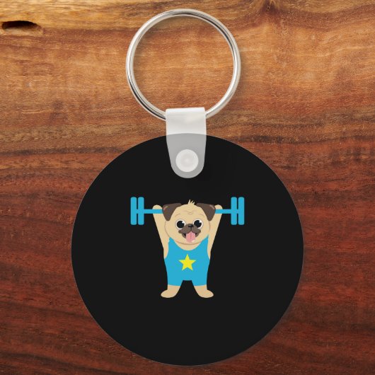 パグウエイトリフティングおもしろい犬恋人トレーニングフィットネス キーホルダー (正面)