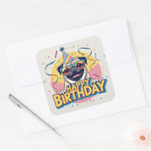 パグカラフル犬 スクエアシール (封筒)