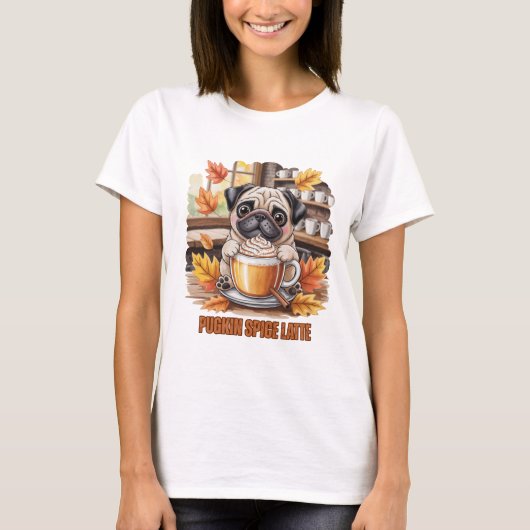 パグキンスパイスラテ かわいい パグ 犬 愛好家 秋のデザイン Tシャツ (正面)