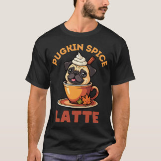 パグキンスパイスラテ, 楽しい秋, かわいいパグ犬, ハーフ Tシャツ