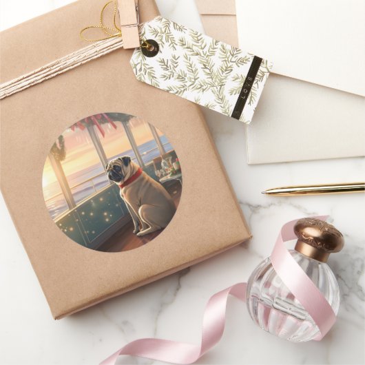 パグクリスマスクルーズ:パームのホリデーディライト ラウンドシール (ギフト)