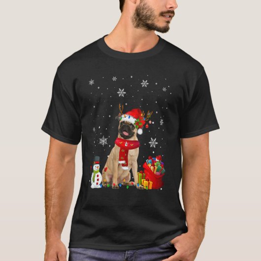 パグクリスマスツリーライトドッグパピー Tシャツ (正面)