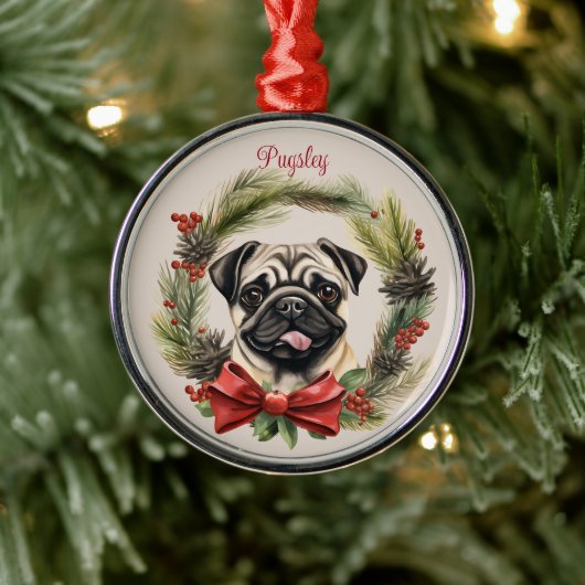 パグクリスマスペット記念犬種 メタルオーナメント (ツリー)