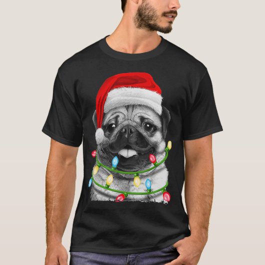 パグサンタクリスマスツリーライトズクリスマスギフトボーイズ Tシャツ (正面)
