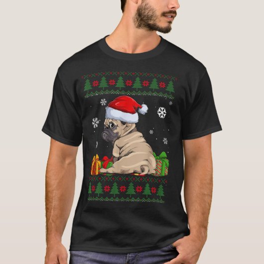  パグサンタ帽子の愛犬家 クリスマスのセーター  Tシャツ (正面)