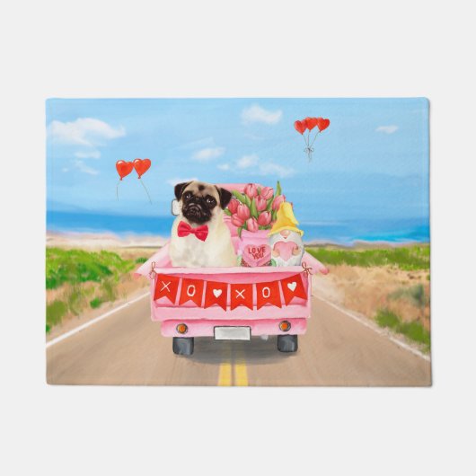 パグドグバレンタインズデイトラックハート ドアマット (正面)