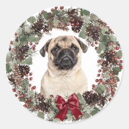 パグドグレッドボウピネコーンリースクリスマス ラウンドシール