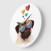 パグドッグとハートバレンタインデー ラージ壁時計 (傾斜)