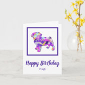 パグドッグシルエットかわいいパープルPY&B誕生日 カード (黄色い花)