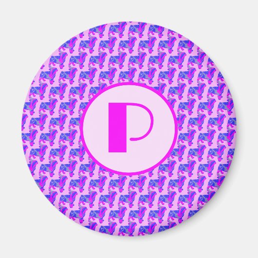 パグドッグシルエットピンク&ブルーシルエットモノグラム マグネット (正面)