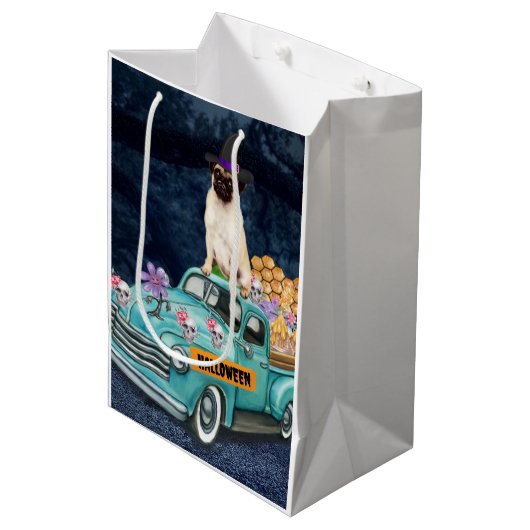 パグドッグハロウィーントラック怖い夜 ミディアムペーパーバッグ (正面アングル)