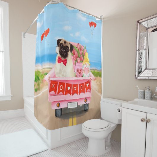 パグドッグバレンタインデートラック シャワーカーテン (インサイチュ)