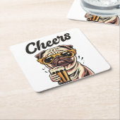 パグドリンクビールミーム スクエアペーパーコースター (アングル)