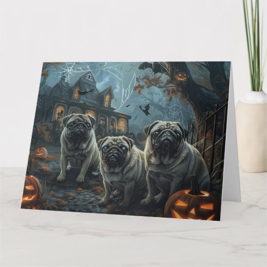 パグハロウィーンの夜の犬の喜び カード (正面)