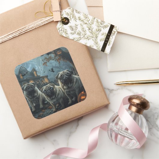 パグハロウィーンの夜の犬の喜び スクエアシール (ギフト)