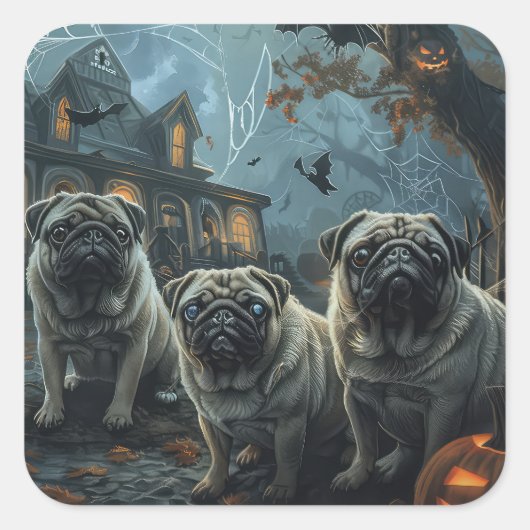 パグハロウィーンの夜の犬の喜び スクエアシール (正面)