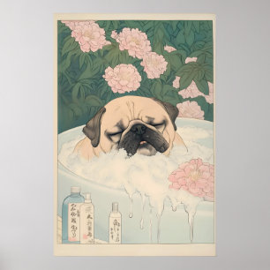 パグバスルームプリント かわいい ジャパンディ 浮世絵 犬 アート ポスター