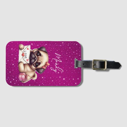 パグバレンタインデーパーソナライズされたパグパピーラブ ラゲッジタグ (正面横)