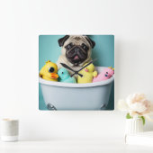 パグパラダイス:浴槽の中の入浴美しい スクエア壁時計 (ホーム)