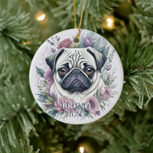 パグパーソナライズされたウォーター色フローラクリスマス セラミックオーナメント