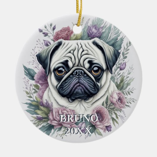 パグパーソナライズされたウォーター色フローラクリスマス セラミックオーナメント (正面)