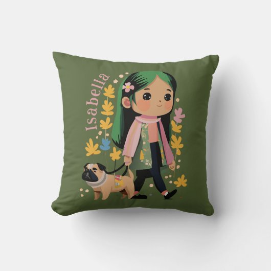 パグパーソナライズされた付きラブリーガール歩く クッション (正面)
