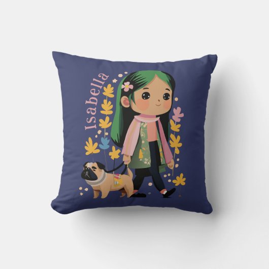 パグパーソナライズされた付きラブリーガール歩く クッション (正面)