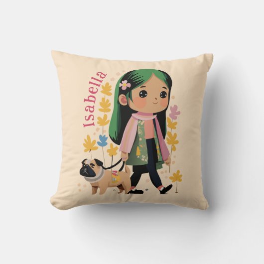 パグパーソナライズされた付きラブリーガール歩く クッション (正面)