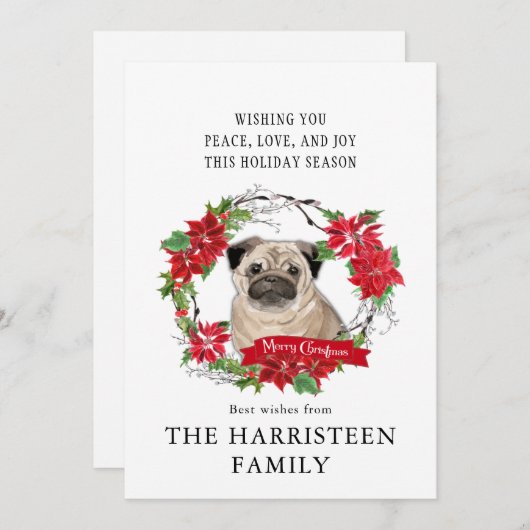 パグファウンウォーターカラーポインセチアのクリスマス シーズンカード (正面/裏面)
