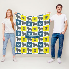 パグペットドッグ&ポープリントイエローグリッドシルエット フリースブランケット