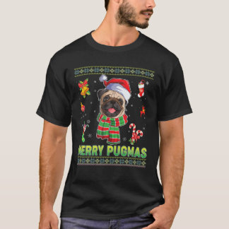 パグマメリースパグドッグドッグクリスマスライトクリスマスズセーター Tシャツ