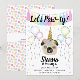 パグユニコーンパピー犬の誕生日パーティー 招待状
